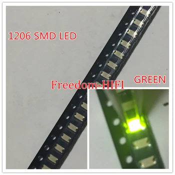 100KS SMD 1206 Zelená Led 1206 SMD LED Zelená super svetlé 1206 light-emitting diodes 560-575nm 70-200mcd 3.2*1,6 mm
