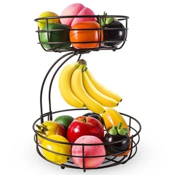 2 Tier Kovové Ovocný tanier, Miska Držiak s Banánom Záves 2-vrstvy Ovocia Stojan na Ovocie, Zelenina, Chlieb, pečivo Občerstvenie