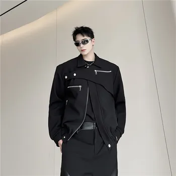 2022 Jeseň kórejský štýl jedinečný asymetrie dizajn bundy mužov príležitostné voľné multi zips bunda mužov,M-XL
