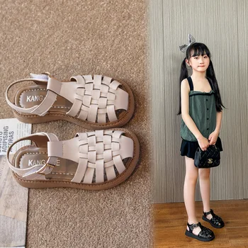 2023 Nové Dievča Sandále Mäkké, Ploché Dno Princezná Topánky Letné Roman Topánky kórejských Detí PU Tkané Pláže Topánky