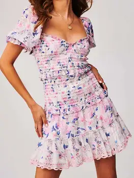 Boho Inšpiroval Ružová Kvetinová Mini smocked Šaty pre ženy lístkového rukáv sexy party šaty nové jarné letné šaty bodycon dámske šaty
