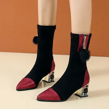 Crystal Robustný vysoké podpätky úsek topánky ženy ukázal prst polovici teľa chelsea botines kožušiny pompon patchwork ponožka botas mujer 2021