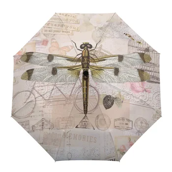 Dragonfly Retro Umenie Parasol pre Vonkajšie Full-Automatické Osem Kosti Dážď Dáždnik Darček Dospelých, Deti Dáždniky