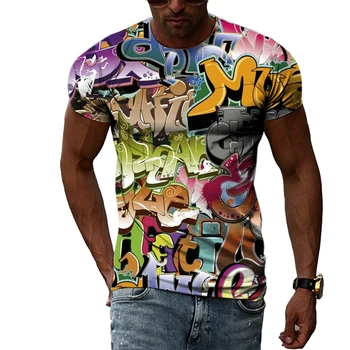 Klasické Tvorivé Ulici Osobnosti Graffiti Mužov Bežné Avant-garde Hip-hop 3D Harajuku Tlač-Krátke rukávy Okrúhle Krčný T-shirt
