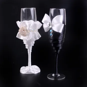 Najnovšie 1 pár/veľa biela a čierna kvet Rustikálny Svadobné Šampanského Opekať pohárov na víno pohár
