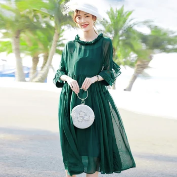 Nové Zelené Letné Šaty Žien Oblečenie Voľné kórejský Strednej dĺžky Elegantné Šaty pre Ženy O-krku A-line Vestidos De Mujer Zm3166