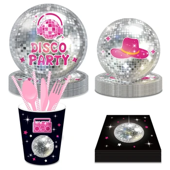 Retro Disco Party Tému Jednorázový Riad Sady Narodeninovej Oslavy Striebra Lampa Loptu Tanec Papier Riadu Poháre Taniere Dekorácie