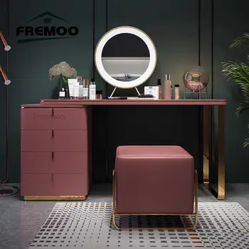 Ružová Minimalistický Svetlo Luxusný Toaletný Stolík Kombinácii S Zrkadla A Make-Up Stolice Spálne Nábytok, Kožené Bielizníka Custom Color (Vlastné Farby
