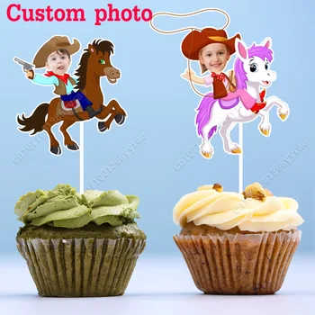 Vlastná Tvár Roztomilý Kreslený Tortu Vňaťou Cowboys Dievčatá Rider Dizajn, Fotografie Detí Happy Birthday Party Cupcake Dekorácie Dodávky