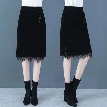 Čierna Sukňa Midi Ženy Elegantnej Čipky Patchwork Wild Pevné Jeseň Zima Nové Vysoký Pás Pocket-line Sukne Módne Vintage Sukne