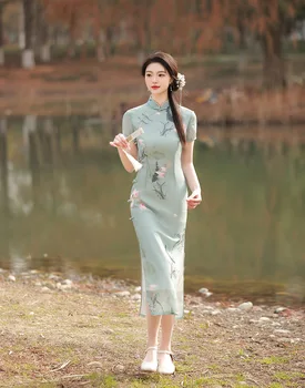 Čínsky Štýl, Ženy Lete Krátky Rukáv Cheongsam Vintage Slim Kostýmy, Sexy Mandarin Golier Kvetinový Tlač Qipao