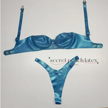 Ženy Latex Bikini Set Latexové Prádlo Stručný Metalíza Modrá Vlna, Latex znížiť Vlastnú veľkosť